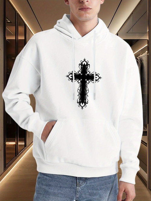 Men's Graphic Hoodie Elegant Black Filigree Motif On White Background Cross