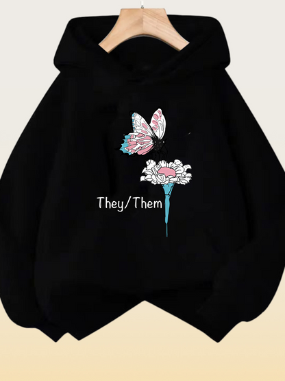 Women's Graphic Hoodie They Them Vibrant Bloom With Colorful Butterfly Above Wildflower