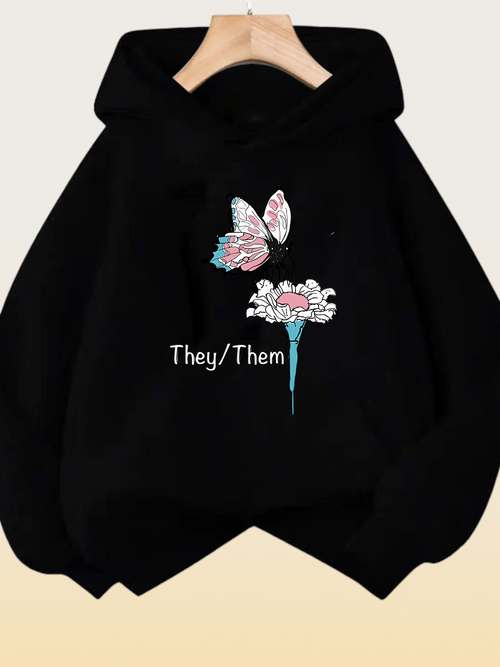 Women's Graphic Hoodie They Them Vibrant Bloom With Colorful Butterfly Above Wildflower