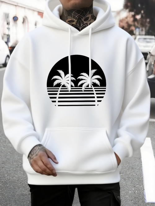 Men's Graphic Hoodie Tropical Sunset With Palms Reflected Over Serene Ocean Horizon