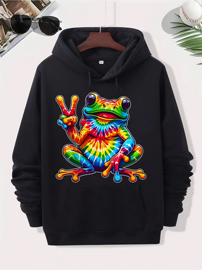 Men's Graphic Hoodie Colorful Tie Dye Pattern With Vibrant Peace Sign Sitting Frog