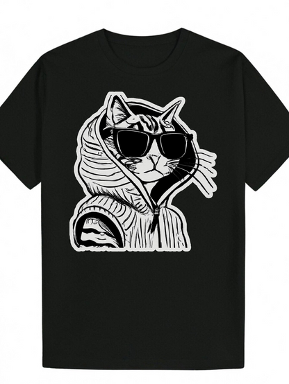Men's Graphic T-Shirt Cool Cat Wearing Sunglasses With Striped Hoodie Undeniable Attitude Swagger Cat