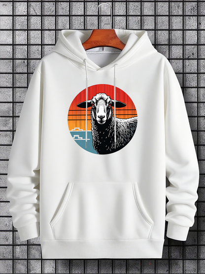 Men's Graphic Hoodie Retro Colorful Striping Circle With Detailed Sheep Illustration