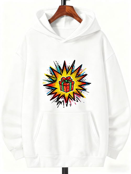 Men's Graphic Hoodie Colorful Explosion With Comic Style Radiance Around A Wrapped Present Gift Box