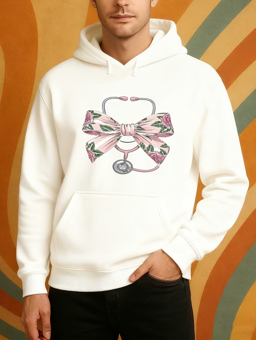 Men's Graphic Hoodie Floral Patterned Bow With Delicate Stethoscope Among Abstract Shapes Stethoscope