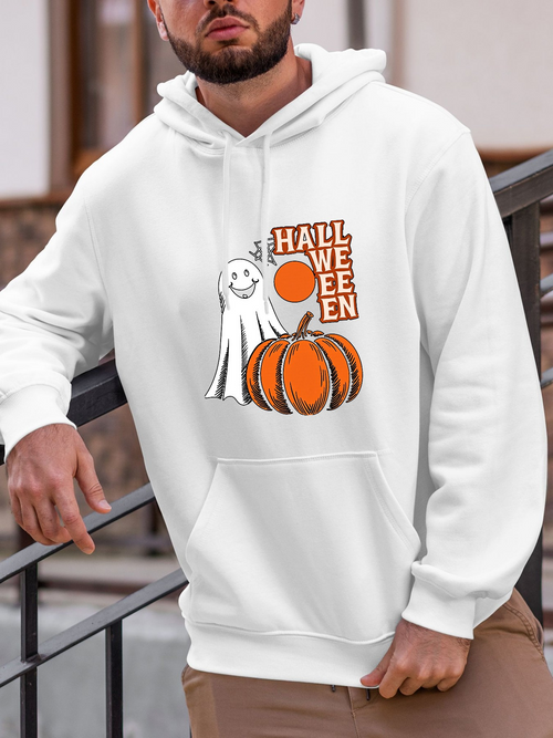 Men's Graphic Hoodie Halloween With Friendly Ghost And Orange Autumn Pumpkin