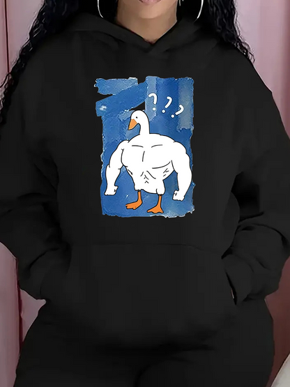 Women's Graphic Hoodie Curious Cartoon Goose With Muscular Arms Against Blue Background Goose