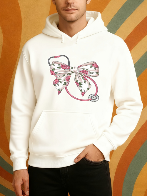 Men's Graphic Hoodie Pink Floral Ribbon With Elegant Petals And Stethoscope Under Bright Light Bow