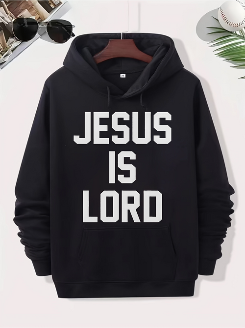 Men's Graphic Hoodie Jesus Is Lord Bold White Lettering On Minimalist Black Hoodie