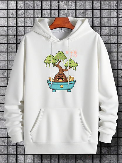 Men's Graphic Hoodie Cartoon Bonsai Tree With Playful Expressions In Blue Pot