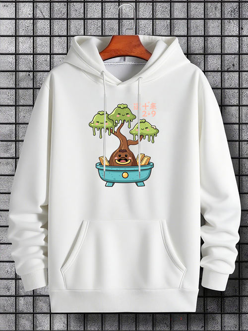 Men's Graphic Hoodie Cartoon Bonsai Tree With Playful Expressions In Blue Pot