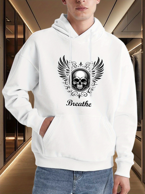 Men's Graphic Hoodie Breathe Ornate Black Wings Decorative Skull Surrounded By Classic Elements Hoodie