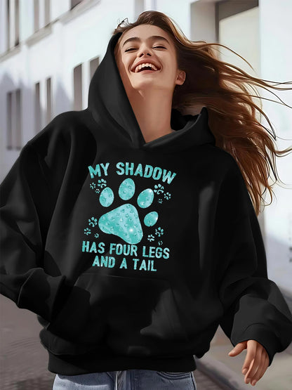 Women's Graphic Hoodie My Shadow Glowing Blue Paw Prints Around Playful Animal Motif Paw Print