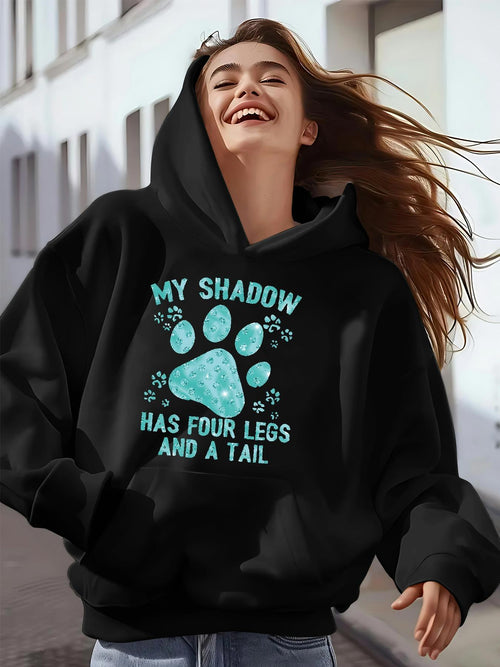 Women's Graphic Hoodie My Shadow Glowing Blue Paw Prints Around Playful Animal Motif Paw Print