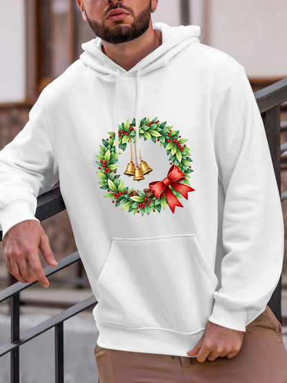 Men's Graphic Hoodie Festive Holly Leaves With Red Ribbon Hanging Golden Bells Wreath