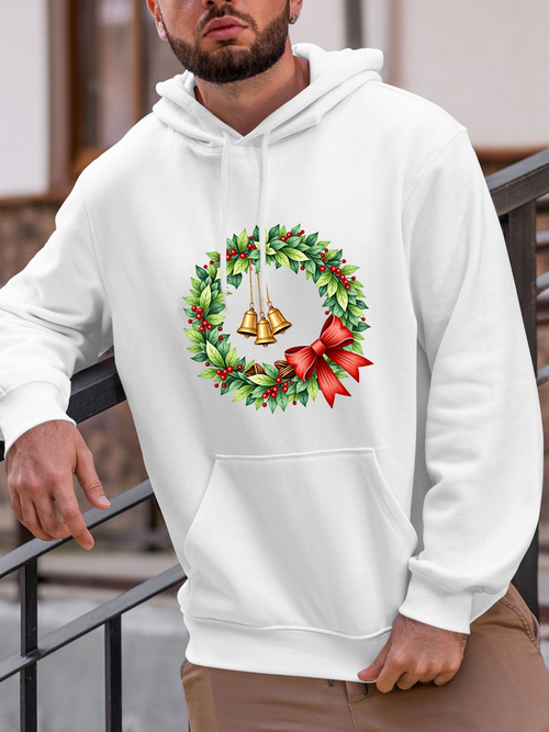 Men's Graphic Hoodie Festive Holly Leaves With Red Ribbon Hanging Golden Bells Wreath