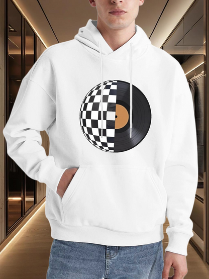 Men's Graphic Hoodie Retro Style Checkered Black And White Vinyl Record