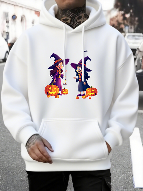 Men's Graphic Hoodie Halloween Pumpkins And Smiling Kids Dressed As Witches Under Autumn Leaves