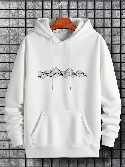 Men's Graphic Hoodie Abstract Black Wavy Lines Flowing Across Calm White Fabric Hoodie