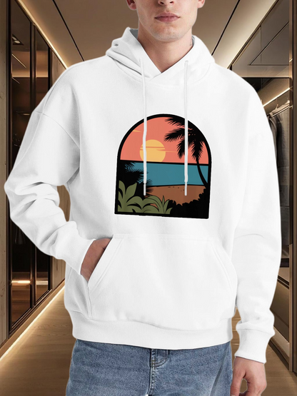 Men's Graphic Hoodie Tropical Sunset View Through Arched Window With Palms And Ocean