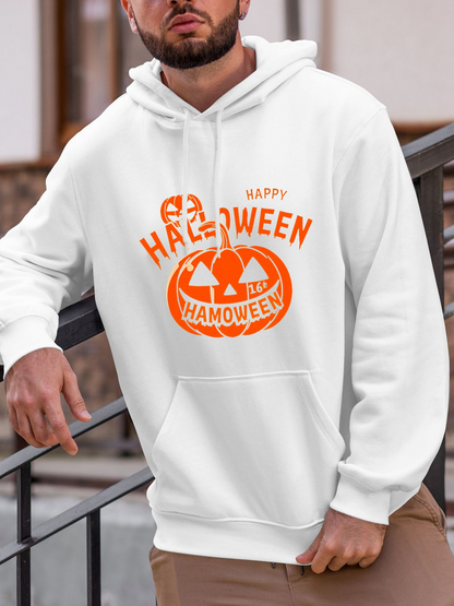 Men's Graphic Hoodie Happy Halloween With Bright Orange Carved Pumpkin Smiling Under Festive Letters Pumpkin