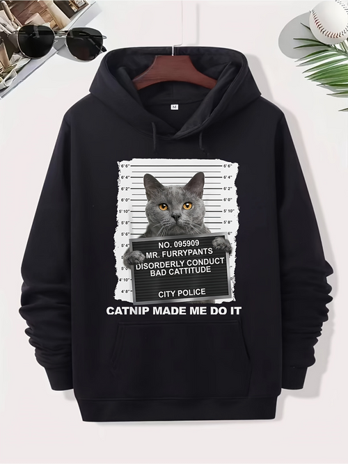 Men's Graphic Hoodie City Police Mugshot With Naughty Gray Tabby Cat Among White Striped Background