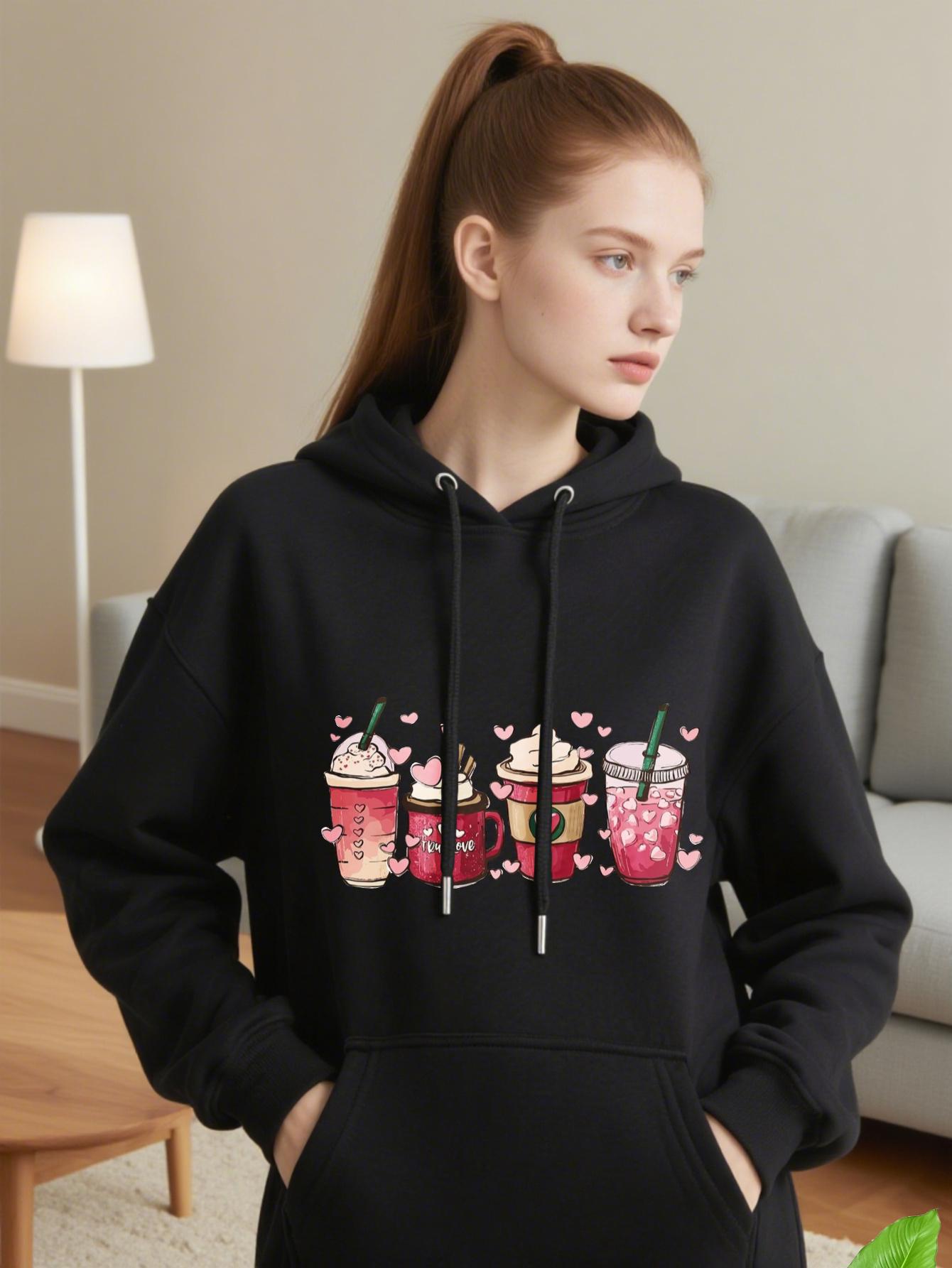 Women's Graphic Hoodie Sweet Drinks With Hearts And Colorful Cups Beverage