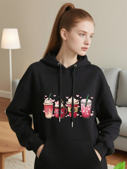 Women's Graphic Hoodie Sweet Drinks With Hearts And Colorful Cups Beverage