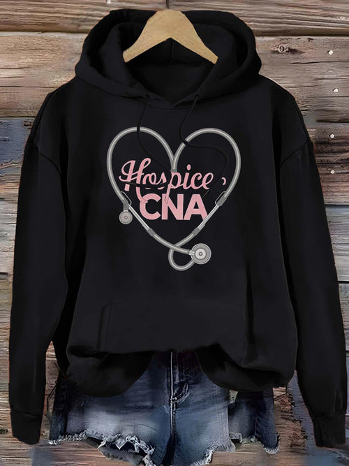 Women's Graphic Hoodie Hospice Cna Pink Letters With Heart Shaped Stethoscope Graphic And Elegant Swirls Hoodie