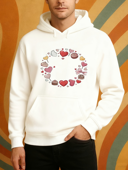 Men's Graphic Hoodie Colorful Baked Pastries With Sweets And Hearts Surrounding Delicious Cookie
