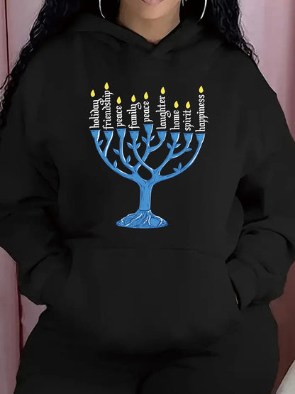 Women's Graphic Hoodie Shining Blue Menorah With Glowing Candles And Inspirational Words Among Darkness Menorah