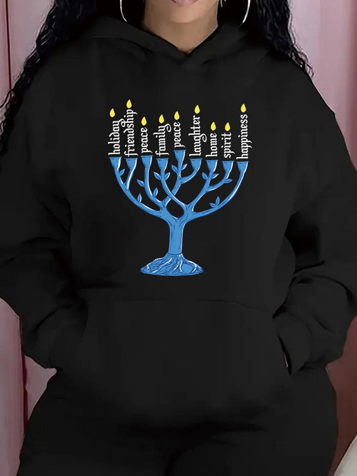 Women's Graphic Hoodie Shining Blue Menorah With Glowing Candles And Inspirational Words Among Darkness Menorah