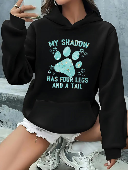 Women's Graphic Hoodie My Shadow With Blue Pawprints Surrounded By Playful Canine Details Paw Print