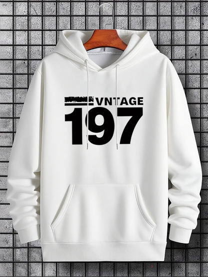 Men's Graphic Hoodie Vintage Lettering Across Bold Numbers With Classic White Hoodie