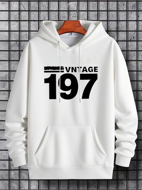 Men's Graphic Hoodie Vintage Lettering Across Bold Numbers With Classic White Hoodie