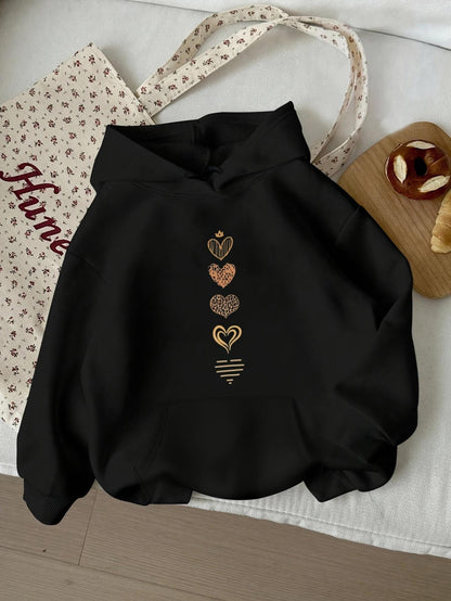 Women's Graphic Hoodie Patterned Line Design With Vertical Golden Hand Drawn Hearts Hoodie