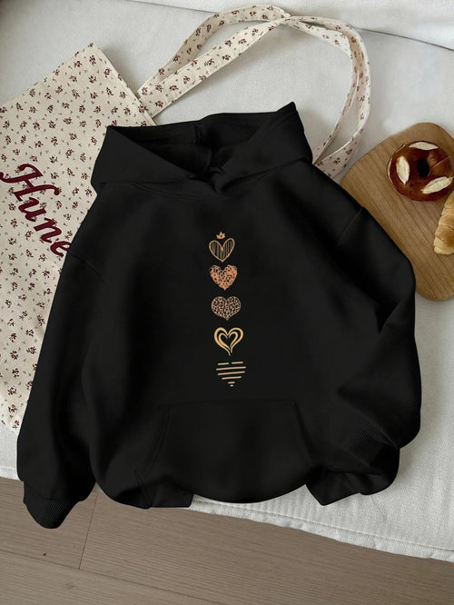 Women's Graphic Hoodie Patterned Line Design With Vertical Golden Hand Drawn Hearts Hoodie