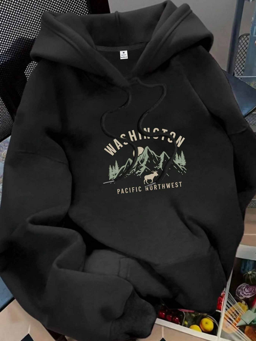 Women's Graphic Hoodie Washington Pacific Northwest Mountain Forest With Bear And Pine Trees