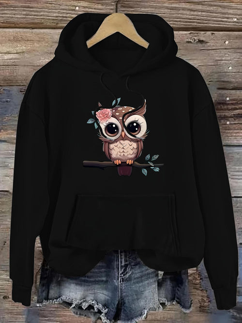 Women's Graphic Hoodie Whimsical Woodland Scene With Big Eyed Owl Perched On Branch
