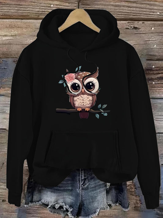 Women's Graphic Hoodie Whimsical Woodland Scene With Big Eyed Owl Perched On Branch