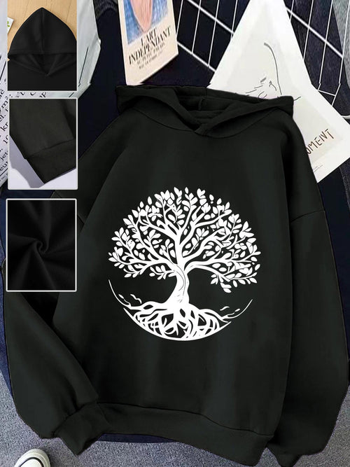 Women's Graphic Hoodie Spreading Roots And Lush Branches Under Circular Silhouette Tree