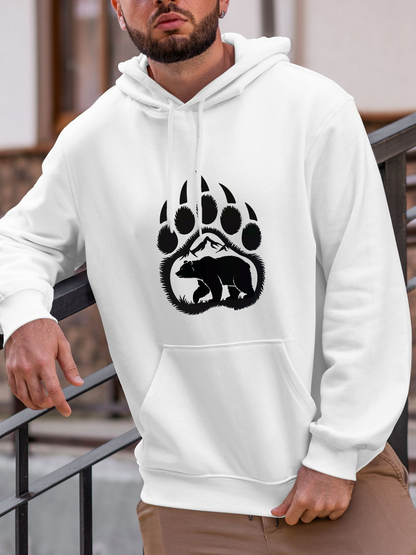 Men's Graphic Hoodie Mountain Landscape With Bear Silhouette Inside Paw Print