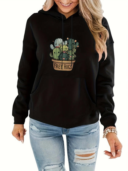 Women's Graphic Hoodie Free Hugs Cute Green Cactus Sitting In Small Clay Pot