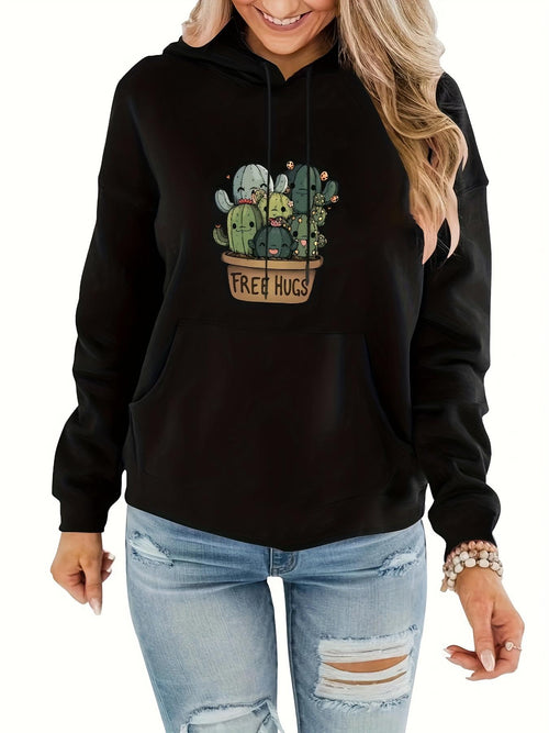 Women's Graphic Hoodie Free Hugs Cute Green Cactus Sitting In Small Clay Pot