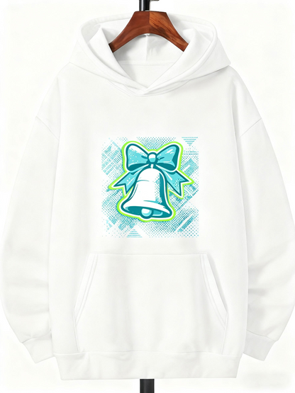 Men's Graphic Hoodie Blue Ribbon With Pastel Swirls Surrounding Silver Holiday Bell