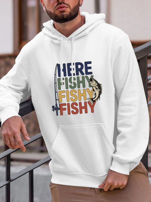 Men's Graphic Hoodie Here Fishy Fishy Fishy With Fishing Rods And Realistic River Fish