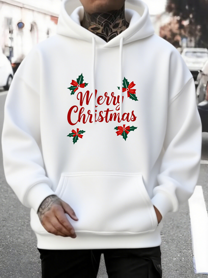 Men's Graphic Hoodie Merry Christmas With Holly Leaves And Festive Red Green Accents Hoodie