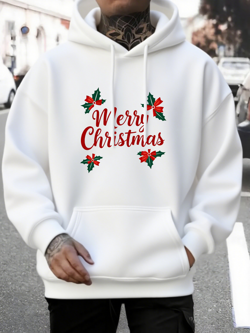 Men's Graphic Hoodie Merry Christmas With Holly Leaves And Festive Red Green Accents Hoodie