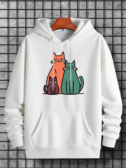 Men's Graphic Hoodie Colorful Whimsical Illustration With Three Sitting Cats