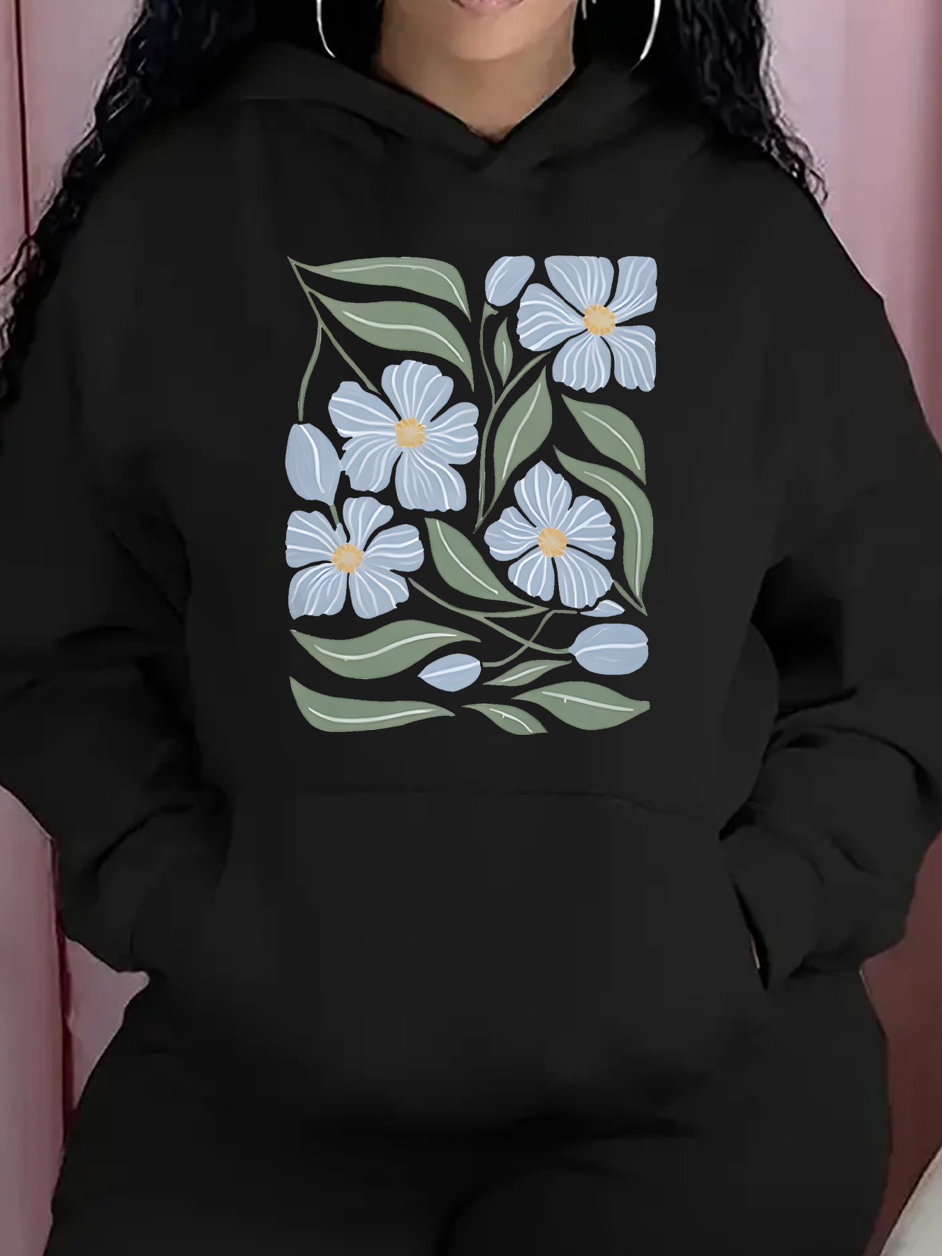 Women's Graphic Hoodie Pastel Green Leaves With Delicate Blue White Blossoms Flower